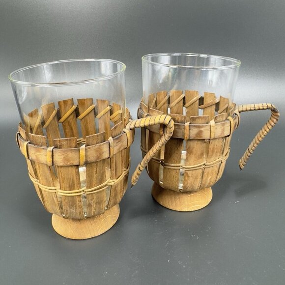 Schott Mainz Gen JENA Glass German Marked Cup Mug Clear With Wood Inserts Set 2 - Picture 1 of 12